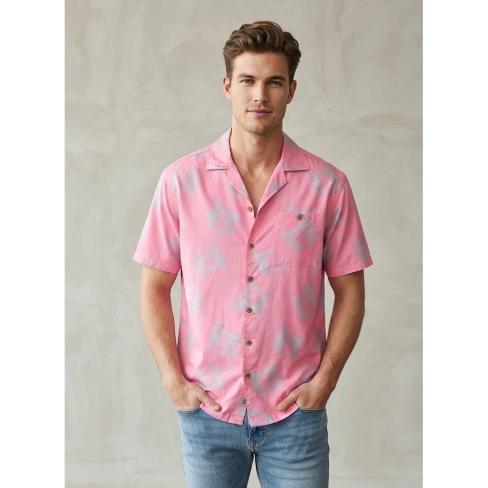 Uzzi Crab Print Pink Beachy Coastal Summer Button Down Shirt Medium